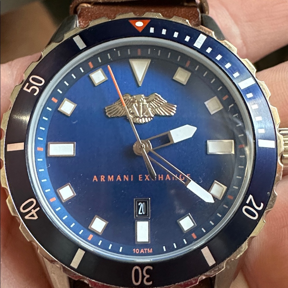 Armani Exchange Blue Silver Case Watch with Brown Genuine Leather Strap AX1706